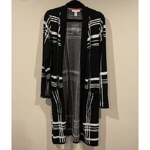 Isaac Mizrahi Live Black & White Plaid Jacquard Duster Cardigan Size XXS A392461